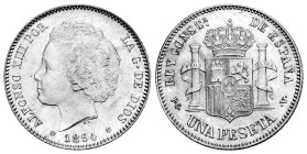 Alfonso XIII (1886-1931). 1 peseta. 1894*18-94. Madrid. PGV. (Cal-55). Ag. 5,00 g. Minimal planchet flaw on reverse. Original luster. Rare in this con...
