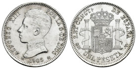 Alfonso XIII (1886-1931). 1 peseta. 1905*19-05. Madrid. SMV. (Cal-70). Ag. 5,08 g. Minimal hairlines. Original luster. Rare in this condition. Almost ...