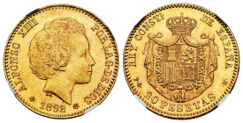 Alfonso XIII (1886-1931). 20 pesetas. 1892 *18-92. Madrid. PGM. (Cal-115). Au. Rare. Slabbed by NGC as MS 61. Est...3000,00. 

Spanish Description: ...
