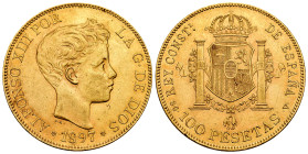Alfonso XIII (1886-1931). 100 pesetas. 1897*18-97. Madrid. SGV. (Cal-119). Au. 32,23 g. Minor marks. Original luster. AU. Est...2500,00. 

Spanish D...