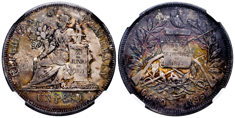 Guatemala. 1 peso. 1896/5. Guatemala. (Km-210). Ag. Amazing specimen with origin...