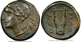 LUCANIA. Thurium. 3rd century BC. AE (15mm, 3.50 gm, 1h). NGC Choice XF 4/5 - 4/5. Laureate head of Apollo left, AP monogram in right field / ΘOY-PIΩN...