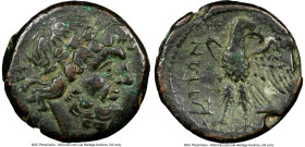 BRUTTIUM. The Brettii. Ca. 214-203 BC. AE unit or drachm (21mm, 8.86 gm, 7h). NGC Choice VF 4/5 - 4/5. Laureate head of Zeus right; dagger in left fie...