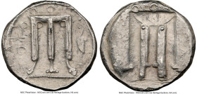 BRUTTIUM. Croton. Ca. 480-430 BC. AR stater (21mm, 7.83 gm, 1h). NGC XF 4/5 - 3/5, brushed. ϘPO, tripod with leonine feet; heron standing left in righ...