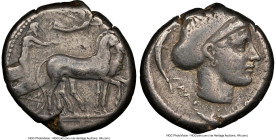 SICILY. Syracuse. Second Democracy (ca. 466-405 BC). AR tetradrachm (24mm, 17.44 gm, 11h). NGC Choice Fine 3/5 - 5/5. Ca. 430-420 BC. Male charioteer,...