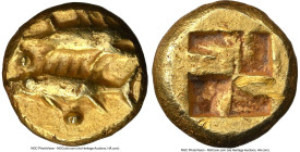 MYSIA. Cyzicus. Ca. 600-500 BC. EL 1/12 stater or hemihecte (8mm, 1.40 gm). NGC Choice XF 4/5 - 3/5, scuffs. Tunny right above tunny left, pellet belo...