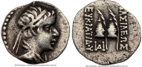 BACTRIAN KINGDOM. Eucratides I (ca. 170-145 BC). AR obol (11mm, 11h). NGC VF. Diademed, draped bust of Eucratides I right, seen from front / ΒΑΣΙΛΕΩΣ-...