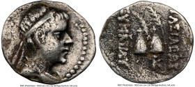 BACTRIAN KINGDOM. Eucratides I (ca. 170-145 BC). AR obol (11mm, 12h). NGC Choice Fine. Diademed, draped bust of Eucratides I right, seen from front / ...