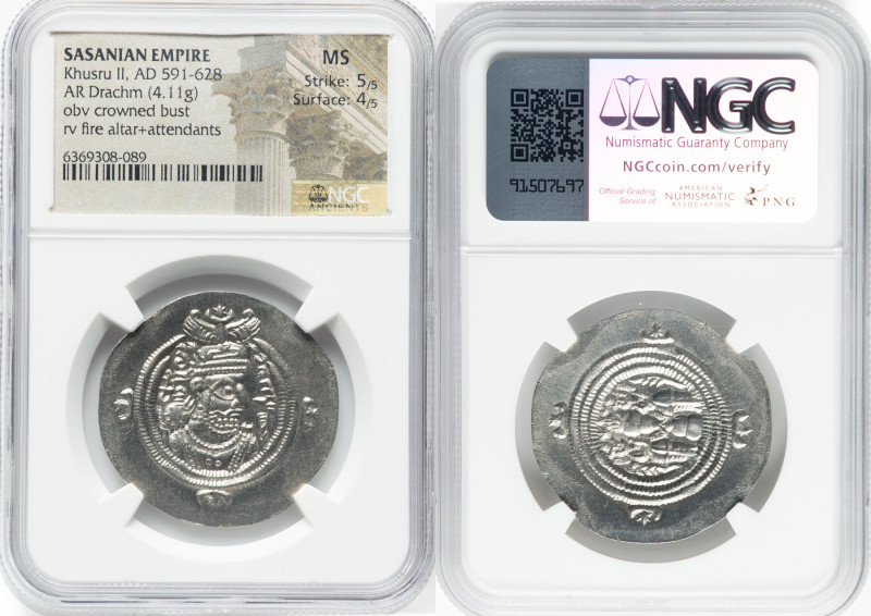 SASANIAN KINGDOM. Khusru II (AD 591-628). AR drachm (32mm, 4.11 gm, 9h). NGC MS ...