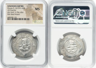 SASANIAN KINGDOM. Khusru II (AD 591-628). AR drachm (32mm, 9h). NGC MS. Bust of Khusru II right, wearing mural crown with frontal crescent, two wings,...