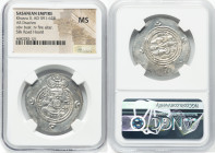 SASANIAN KINGDOM. Khusru II (AD 591-628). AR drachm (32mm, 8h). NGC MS. Bust of Khusru II right, wearing mural crown with frontal crescent, two wings,...