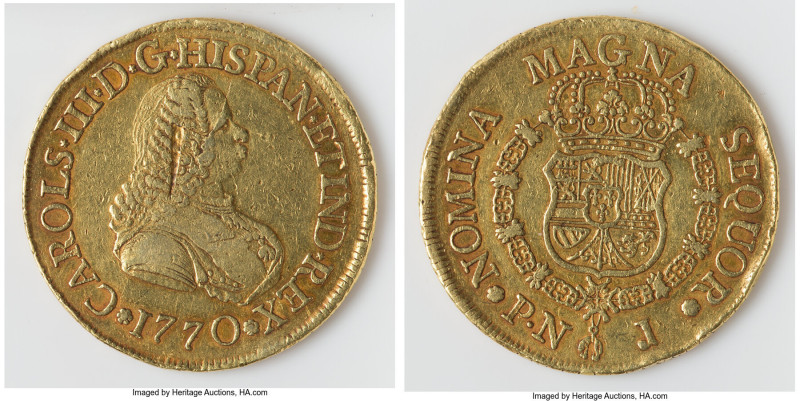 Charles III gold 8 Escudos 1770 PN-J XF (Obverse Lamination), Popayan mint, KM38...