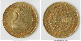 Charles III gold 8 Escudos 1770 PN-J XF (Obverse Lamination), Popayan mint, KM38.2, Fr-24. 37.6mm. 26.95. Wear consistent with grade, sangria toning i...