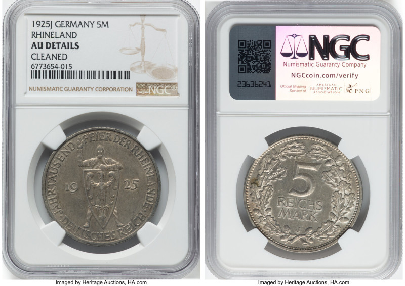 Weimar Republic 5 Mark 1925-J AU Details (Cleaned) NGC, Hamburg mint, KM47. 1000...