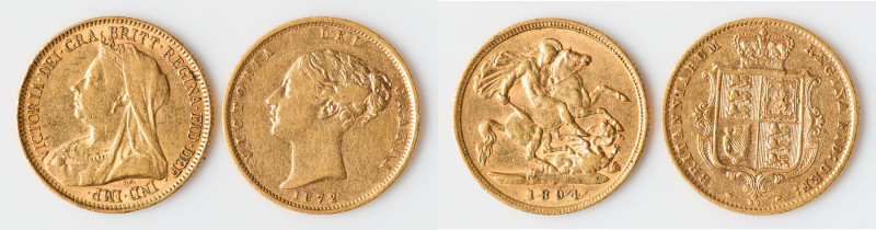 Victoria Pair of Uncertified gold 1/2 Sovereigns, 1) 1/2 Sovereign 1872 - VF, KM...