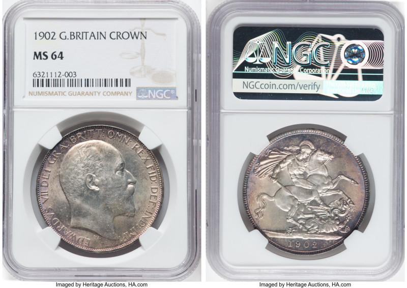 Edward VII Crown 1902 MS64 NGC, KM803, S-3978. Dusty lavender toning on the peri...