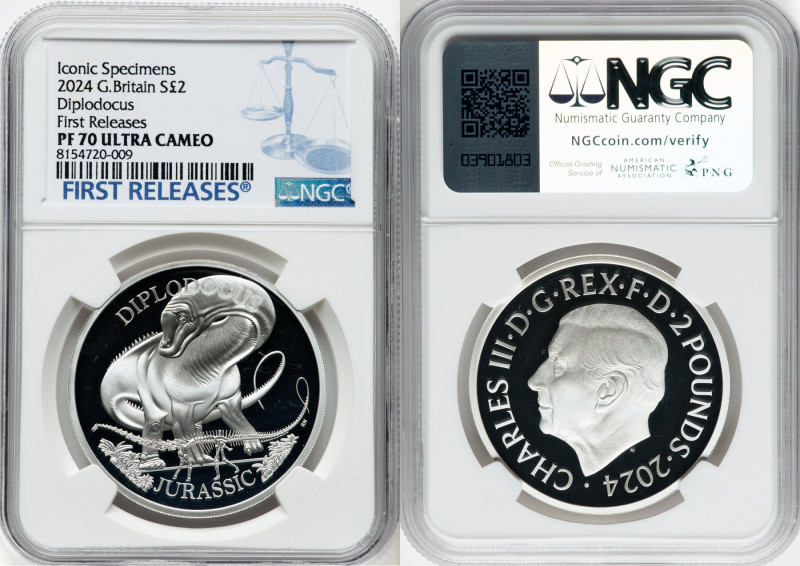 Charles III silver Proof "Diplodocus" 2 Pounds (1 oz) 2024 PR70 Ultra Cameo NGC,...