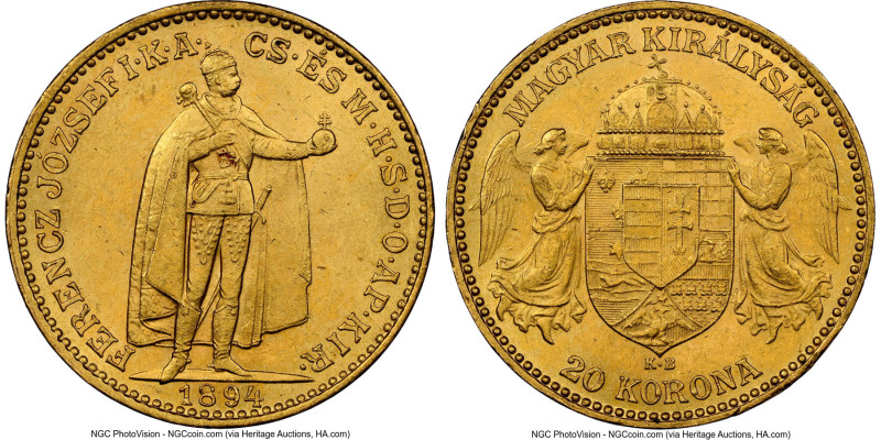 Franz Joseph I gold 20 Korona 1894-KB UNC Details (Obverse Scratched) NGC, Kremn...