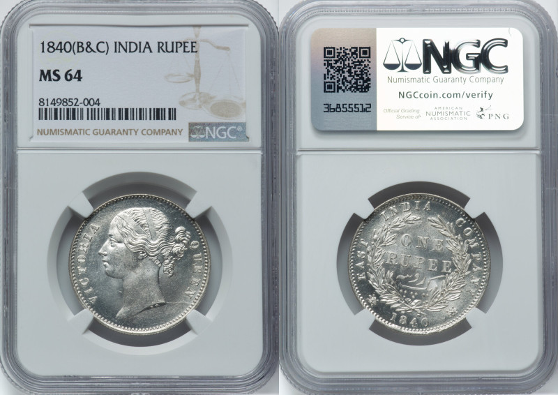 British India. Victoria Rupee 1840-(b & c) MS64 NGC, Calcutta mint, KM458.1. HID...