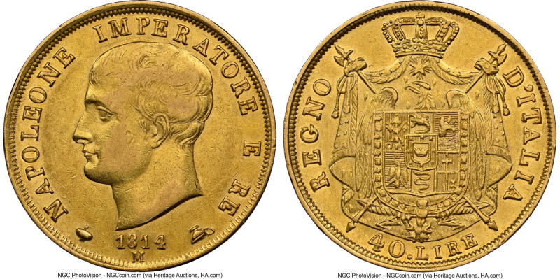 Kingdom of Napoleon. Napoleon gold 40 Lire 1814-M AU50 NGC, Milan mint, KM12, Fr...