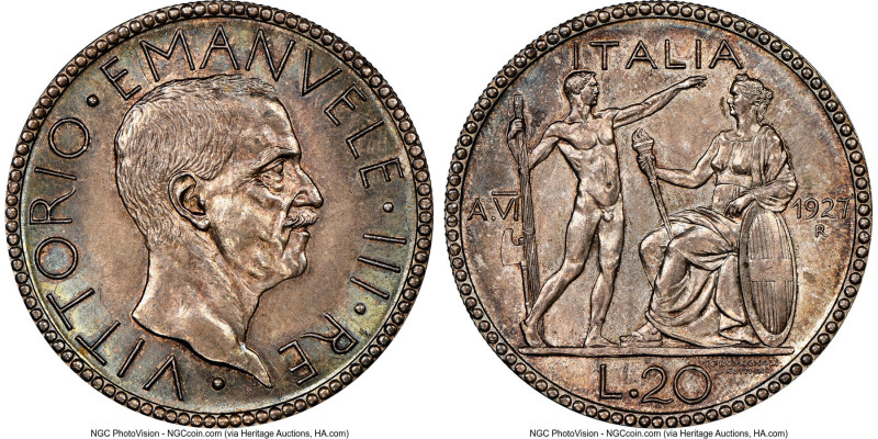 Vittorio Emanuele III 20 Lire Anno VI (1927)-R MS65 NGC, Rome mint, KM69, Dav-14...