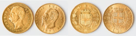 Pair of Uncertified gold 20 Lire, 1) Umberto I gold 20 Lire 1882-R - UNC, Rome mint, KM21. 21.3mm. 6.45gm 2) Vittorio Emanuele II gold 20 Lire 1873-M ...
