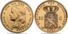 Wilhelmina gold 10 Gulden 1897 MS65 NGC, Utrecht mint, KM118, Fr-347. A glowing gem revealing consistent sharpness to even the highest points. HID0980...