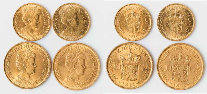 Wilhelmina 4-Piece Lot of Uncertified gold Multiple Gulden UNC, 1) 5 Gulden 1912...