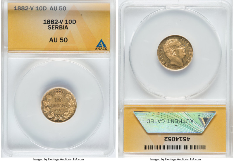 Milan I gold 10 Dinara 1882-V AU50 ANACS, Vienna mint, KM16, Fr-5. HID0980124201...