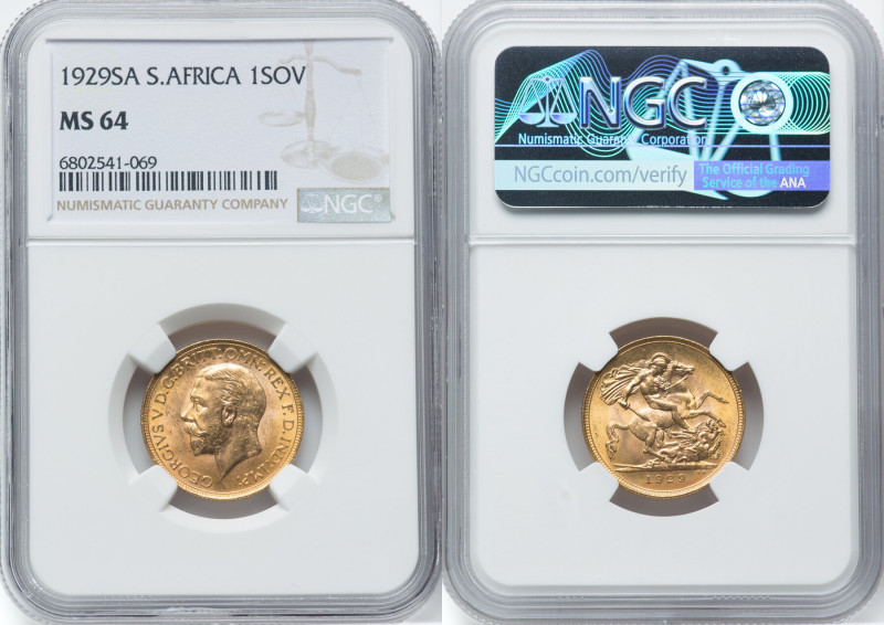 George V gold Sovereign 1929-SA MS64 NGC, Pretoria mint, KM-A22, S-4005. HID0980...