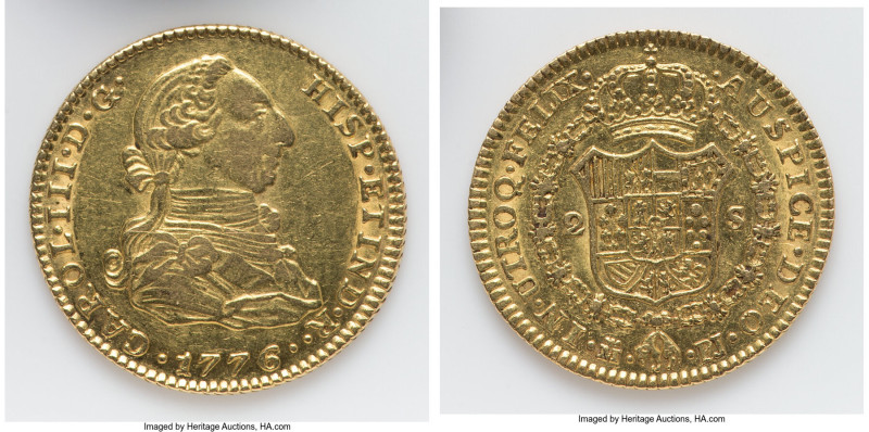 Charles III gold 2 Escudos 1776 M-PJ XF, Madrid mint, KM417.1, Cal-1552. 22.8mm....