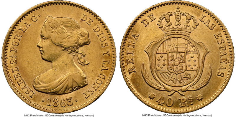 Isabel II gold 40 Reales 1863 AU55 NGC, Barcelona mint (8 Pointed Star), KM616.1...