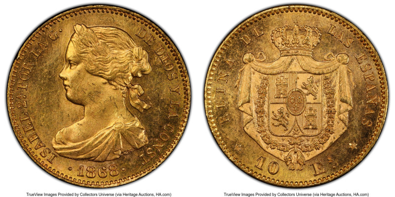 Isabel II gold 10 Escudos 1868(68) MS63 PCGS, Madrid mint, KM636.1, Cal-47, Fr-3...