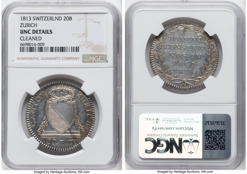 Zurich. Canton 20 Batzen 1813 UNC Details (Cleaned) NGC, KM187. Allover pervasiv...