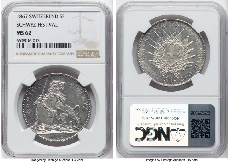 Confederation "Schwyz Shooting Festival" 5 Francs 1867 MS62 NGC, Bern mint, KM-X...