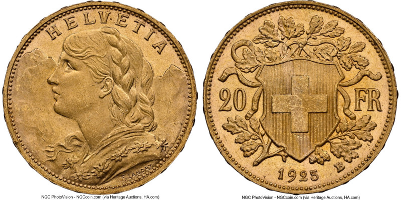 Confederation gold 20 Francs 1925-B MS65 NGC, Bern mint, KM35.1, Fr-499. HID0980...