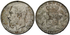 Königreich
Leopold II. 1865-1909 5 Francs 1873. 37.0 mm. Silber / Silver 0.900. KM 24. 24.95 g. Randfehler / Edge faults. Sehr schön / Very fine.