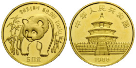 Volksrepublik / People's Republic
 50 Yuan 1986. 27.0 mm. Gold 0.999. 1/2 oz. Panda Bullion. KM 134. 15.57 g. Unzirkuliert / Uncirculated.