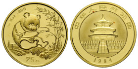 Volksrepublik / People's Republic
 25 Yuan 1994. 22.0 mm. 1/4 oz/Unze Gold .999. Panda Bullion. KM 613. 7.78 g. Vorzüglich +/ Extremely fine +, some ...