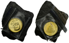 Volksrepublik / People's Republic
 25 Yuan 1995. 22.0 mm. 1/4 oz/Unze Gold .999. Panda Bullion in original Blister/ in original sealed plastic sleeve...