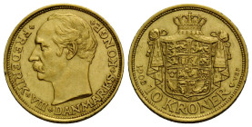 Friedrich VIII. 1906-1912 10 Kroner 1908, Royal Danish Mint (Den Kongelige Mønt), Copenhagen. 18.0 mm. Gold 0.900, Frederik VIII. Fr. 298. 4.48 g. Seh...