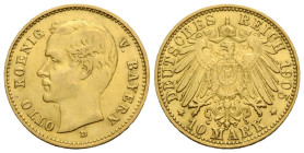 Kaiserreich / Empire Bayern, Königreich
Otto, 1886-1913 10 Mark 1905 D, Munich. 19.5 mm. Gold 0.900. KM 994. 3.96 g. Sehr schön / Very fine.