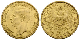 Kaiserreich / Empire Hessen, Grossherzogtum
Ernst Ludwig, 1892-1918 20 Mark 1903 A, Berlin. 22.0 mm. Gold 0.900. KM 371. 7.97 g. Selten / Rare. Sehr ...