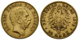 Kaiserreich / Empire Sachsen, Königreich
Albert, 1873-1902 20 Mark 1876 E, Dresden. 22.5 mm. Gold 0.900. KM 1236. 7.94 g. Sehr schön / Very fine.