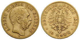 Kaiserreich / Empire Sachsen, Königreich
Albert, 1873-1902 10 Mark 1881 E, Dresden. 19.0 mm. Gold 0.900. KM 1235. 3.91 g. Sehr schön / Very fine.