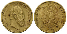 Kaiserreich / Empire Württemberg, Königreich
Karl, 1864-1891 20 Mark 1873 F, Stuttgart. 22.5 mm. Gold 0.900. Charles I. Friedberg 3870. 7.93 g. Haarl...