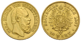 Kaiserreich / Empire Württemberg, Königreich
Karl, 1864-1891 10 Mark 1877 F, Stuttgart. 19.5 mm. Gold 0.900. KM 624. 3.94 g. Sehr schön + / very fine...