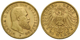 Kaiserreich / Empire Württemberg, Königreich
Wilhelm II. 1891-1918 20 Mark 1900 F, Stuttgart. 22.5 mm. Gold 0.900. KM 634. Sehr schön / Very fine.