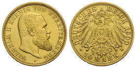 Kaiserreich / Empire Württemberg, Königreich
Wilhelm II. 1891-1918 10 Mark 1900 F, Stuttgart. 19.5 mm. Gold 0.900. KM 633. 3.96 g. Sehr schön + / ver...