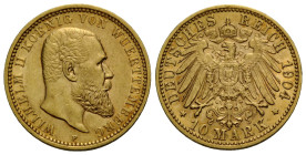 Kaiserreich / Empire Württemberg, Königreich
Wilhelm II. 1891-1918 10 Mark 1904 F, Stuttgart. 19.5 mm. Gold 0.900. KM 633. 3.97 g. Sehr schön + / ver...